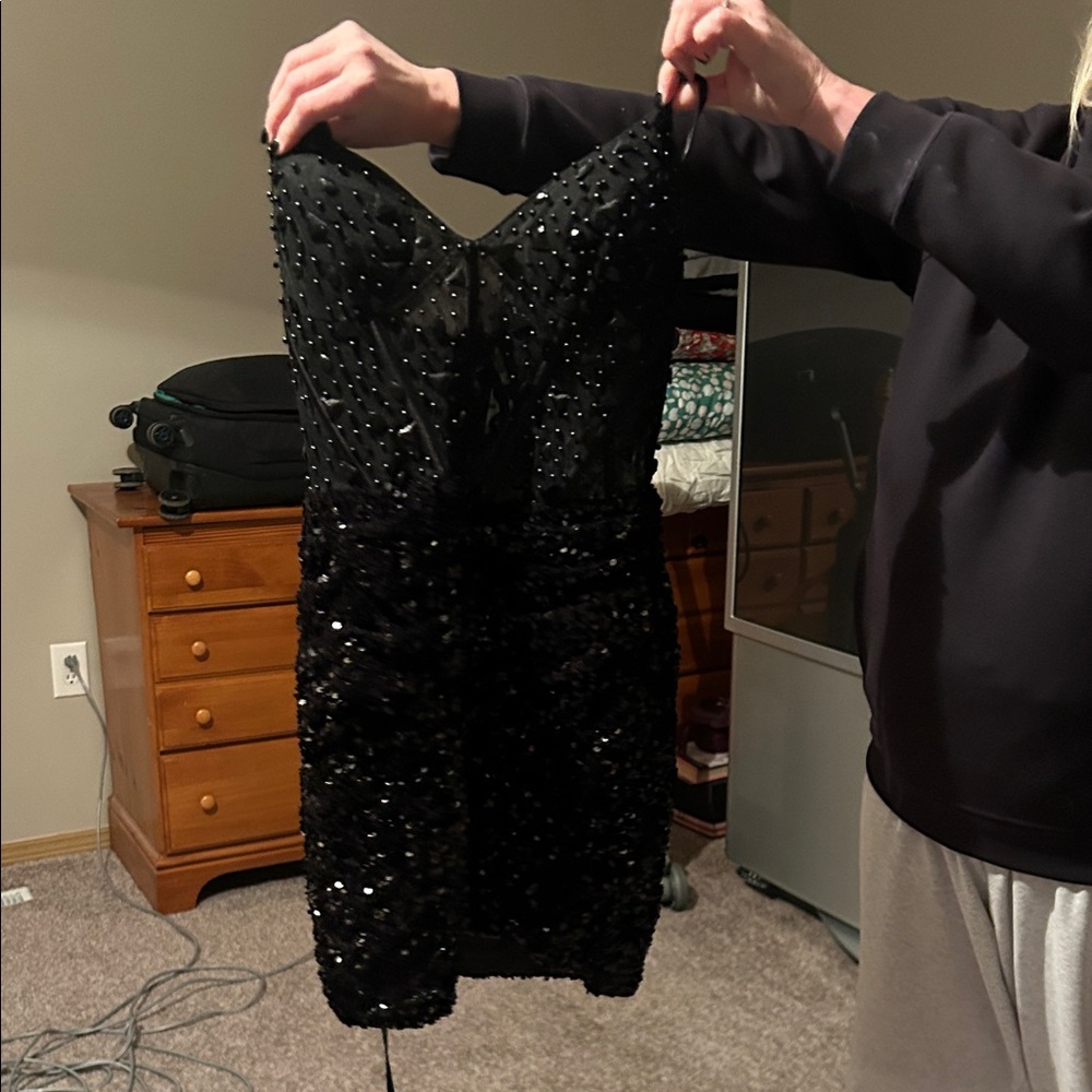Black Sequin Strapless Cocktail Dress